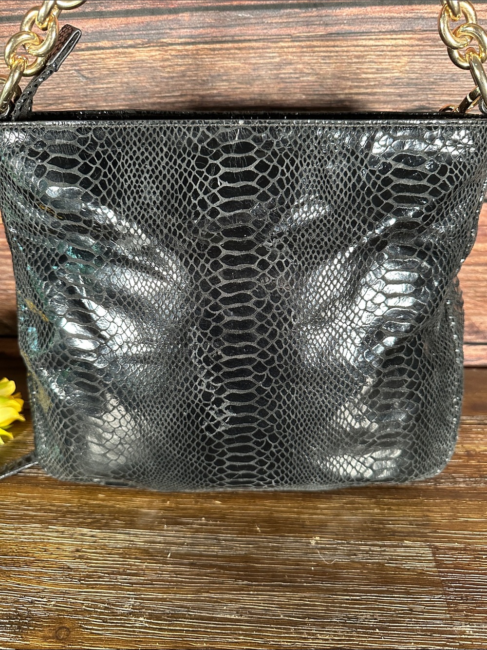 Michael Kors Black Snakeskin-Embossed Crossbody Bag with Gold Hardware - Picture 4 of 7